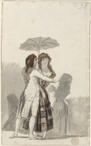 Pareja con sombrilla en el paseo Francisco de Goya Pincel, aguada de tinta china, y raspador; retocado con tinta de bugalla a pincel, 221 x 134 mm 1795 - 1797 Hamburgo, Hamburger Kunsthalle, Kupferstichkabinett © Hamburger Kunsthalle / bpk, Foto: Christoph Irrgang