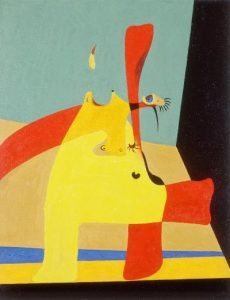 Llama en el espacio y mujer desnuda, por Joan Miró, 1932, óleo sobre cartón, 41 x 31 cm.