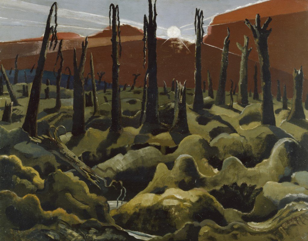 "Estamos construyendo un mundo nuevo", por Paul Nash, 1918, óleo sobre lienzo © IWM ART. Arriba, "Los Kensingtons en Laventie", por Eric Henri Kennington, 1915, óleo sobre vidrio © IWM ART. 