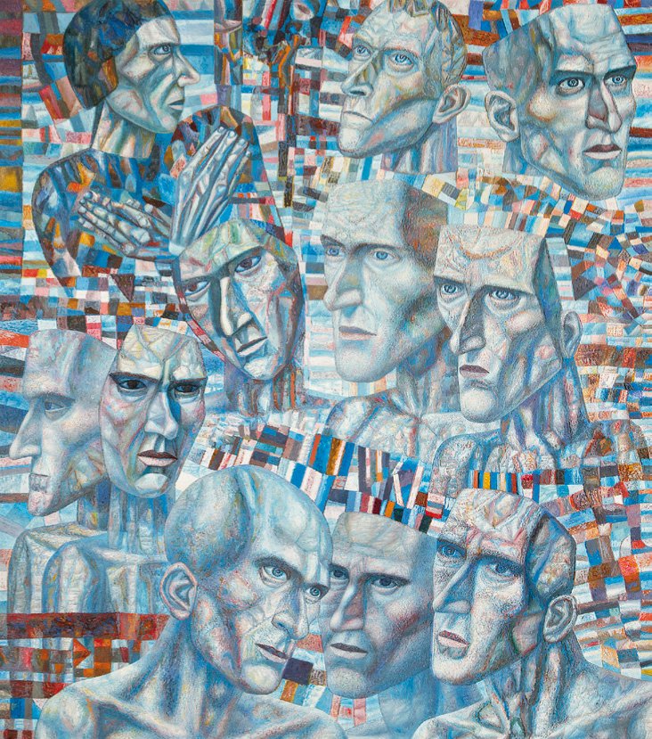 Trabajadores de choque (Maestros del Arte Analítico), 1934–35, óleo sobre lienzo, 82 x 72 cm. Donado en 1978 por Ye. N. Glébova, hermana del pintor, Leningrado.