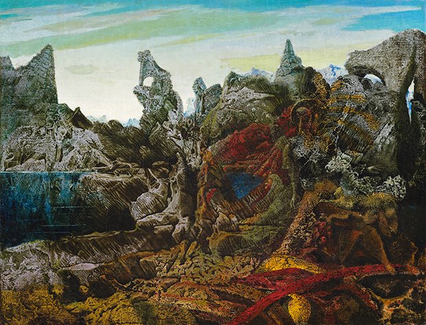 Paisaje con lago y quimeras, por Max Ernst, h. 1940, óleo sobre lienzo. Colección Familia de Paul G. Allen. 