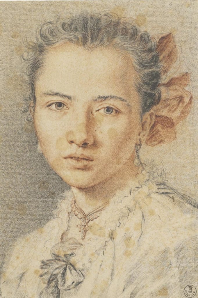 Miguel Jacinto Meléndez, "Retrato de muchacha", h. 1727-30, lápiz negro y sanguina sobre papel blanco verdugado.