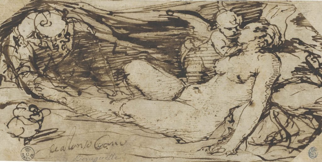 Alonso Cano (Granada, 1601-1667), "Venus, Cupido y un sátiro", h. 1655-60, pluma de caña de tinta parda sobre papel verjurado.