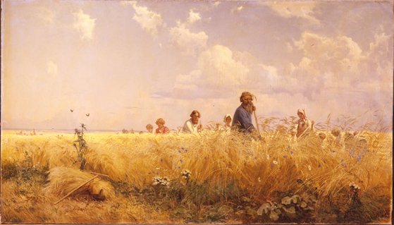 Temporada de cosecha (Segadores), por Grigori Miasoiedov, 1887, óleo sobre lienzo, 179 x 275 cm.