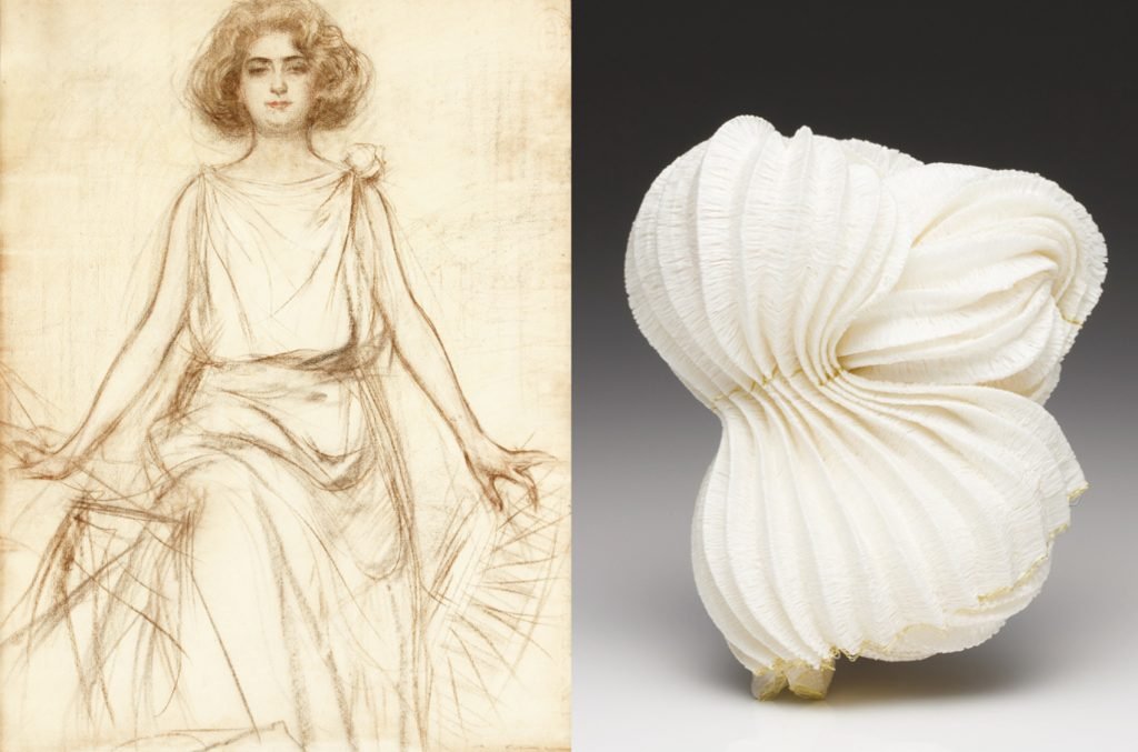 Júlia, de Ramon Casas, junto a un broche de Kazumi Nagano, papel japonés y oro 18 kt.