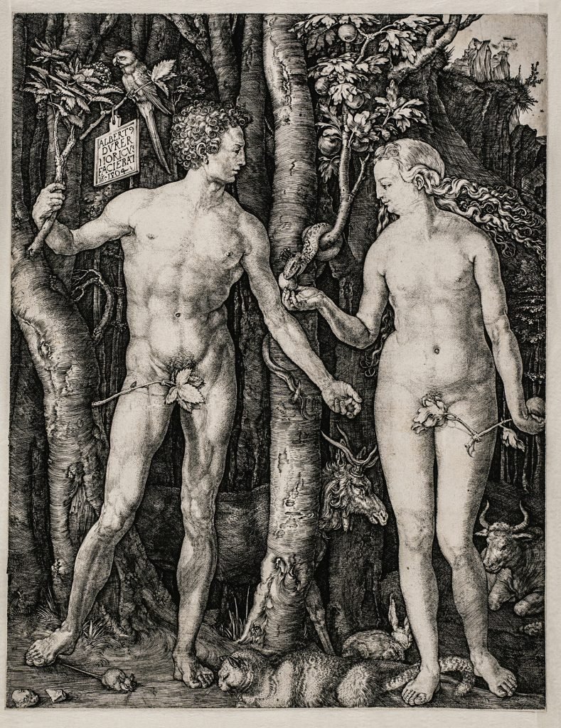Adán y Eva, de Alberto Durero, 1504, buril, 24,8 x 19,1 cm, Viena, Akademie der bildenden Künste, Kupferstichkabinett.