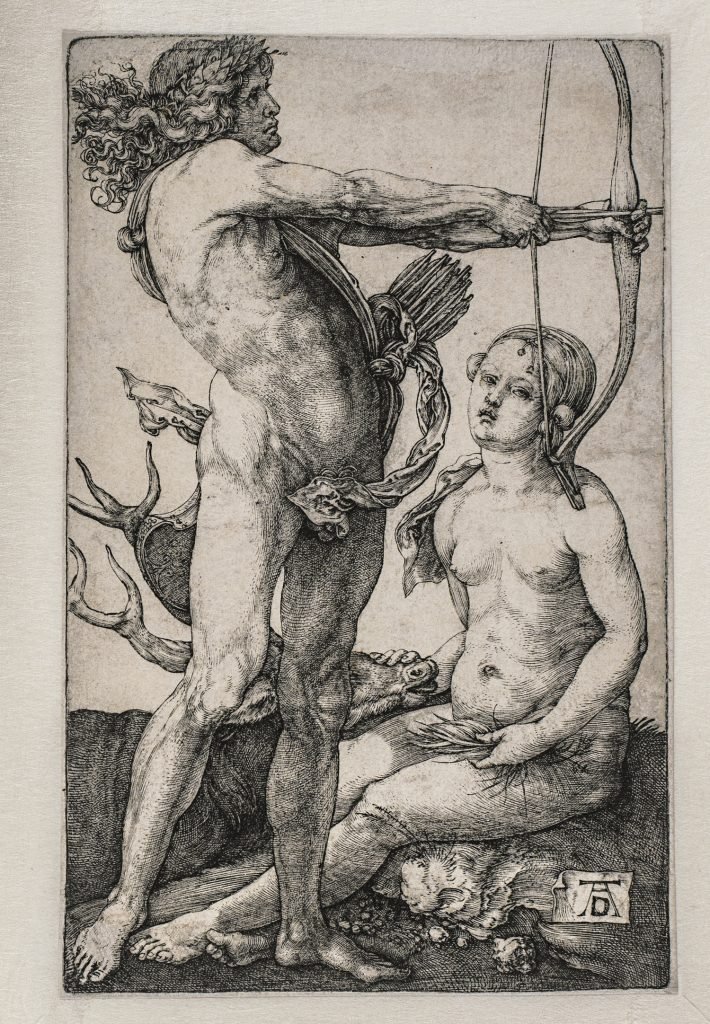 Apolo y Diana, de Alberto Durero, h. 1503, buril, 11,5 x 7 cm, Viena, Akademie der bildenden Künste, Kupferstichkabinett