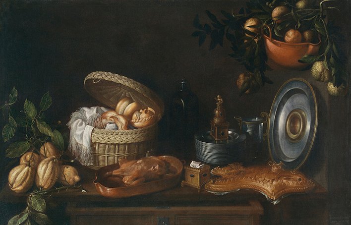 Bodegón, por Tomás Hiepes, óleo sobre lienzo, 102 x 157 cm, 1668. Madrid, Museo Nacional del Prado.