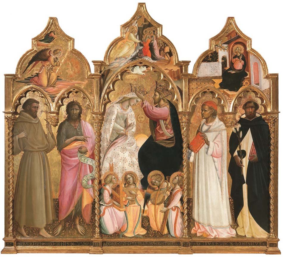 Coronación de la Virgen (parte central), San Francisco de Asís y San Juan Bautista (parte izquierda) y Sant’Ivo y san Domenico (derecha), de Giovanni dal Ponte, h, 1430, 194 x 215,7 cm, Florencia, Galería de la Academia.