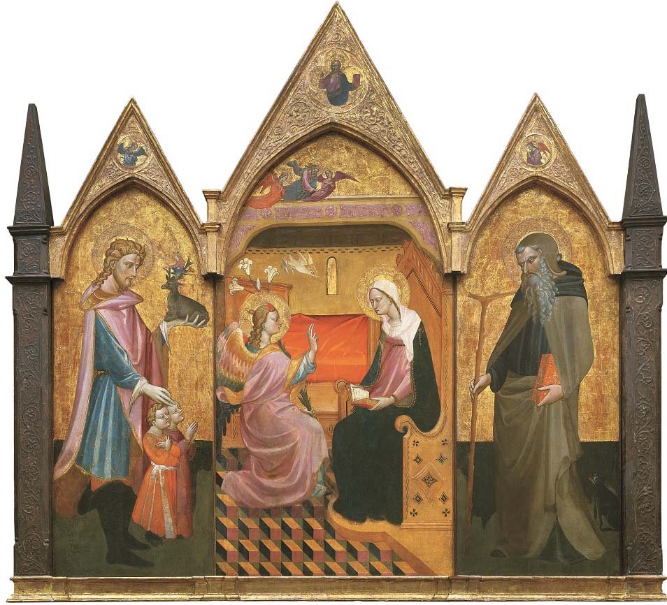 Anunciación junto a san Eustaquio, san Antonio Abad; Bendición de Cristo y ángeles, de Giovanni dal Ponte, h. 1410-15, témpera sobre tabla, 205 x 230 cm, Campi Bisenzio (Firenze), Museo di Arte Sacra di San Donnino.