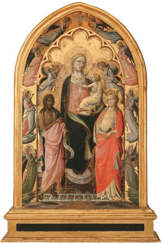 Sobre estas líneas, Virgen con Niño, san Juan Bautista, santa Caterina y dos ángeles, segundo cuarto del siglo XV, témpera sobre tabla, 114,3 x 67,6 cm, Hartford (Connecticut), Wadsworth Atheneum Museum of Art, The Ella Gallup Sumner and Mary Catlin Sumner Collection Fund. Arriba, Alegoría de las siete artes liberales, de Giovanni dal Ponte, h. 1430-35, témpera sobre tabla, 45 x 155 cm, Madrid, Museo del Prado.