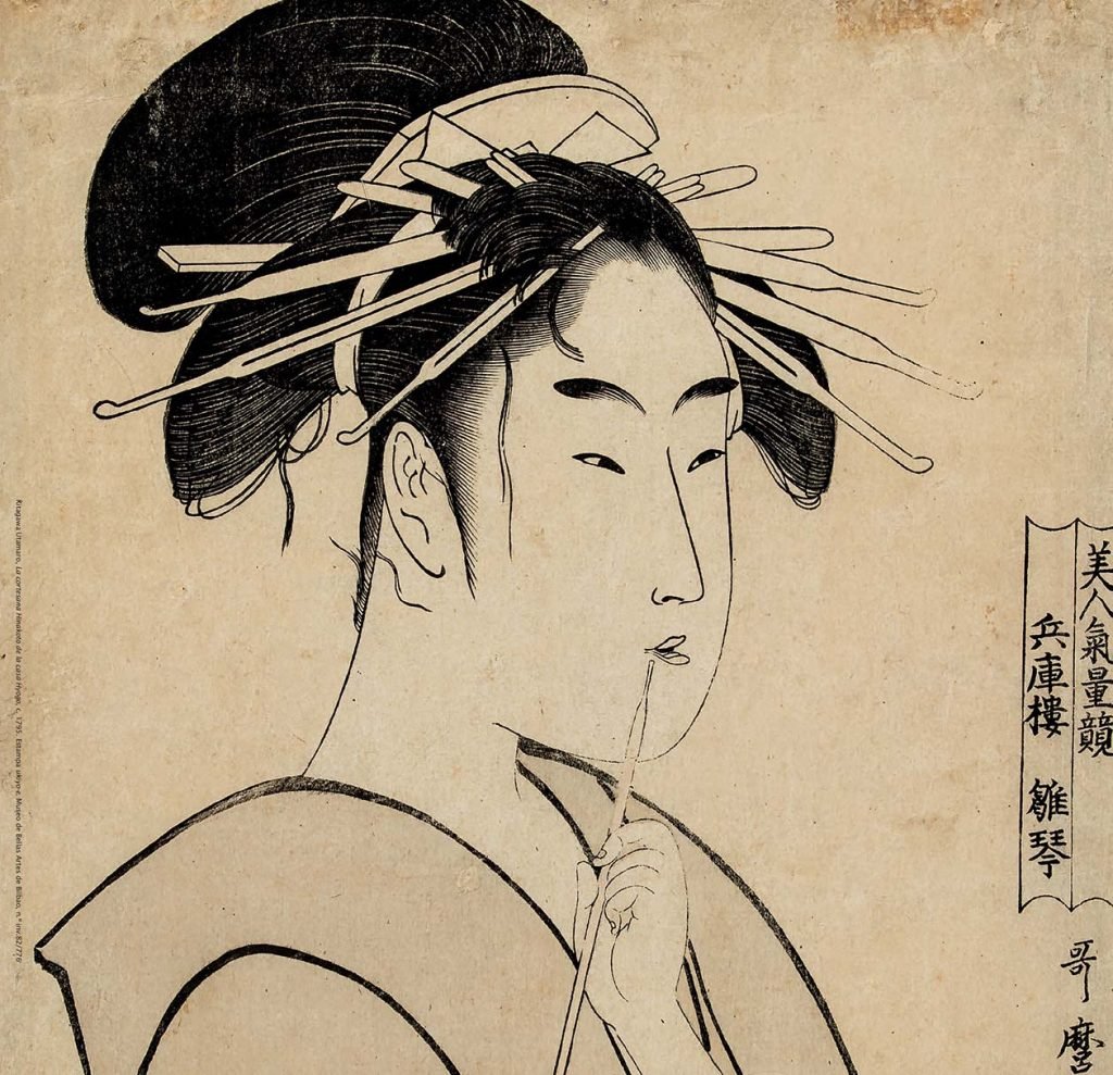 "La cortesana Hinakoto de la casa Hyogo". de Kitagawa Utamaro, La cortesana Hinakoto de la casa Hyogo, c. 1795. Estampa ukiyo-e. Museo de Bellas Artes de Bilbao, h. 1795, estampa ukiyo-e. 